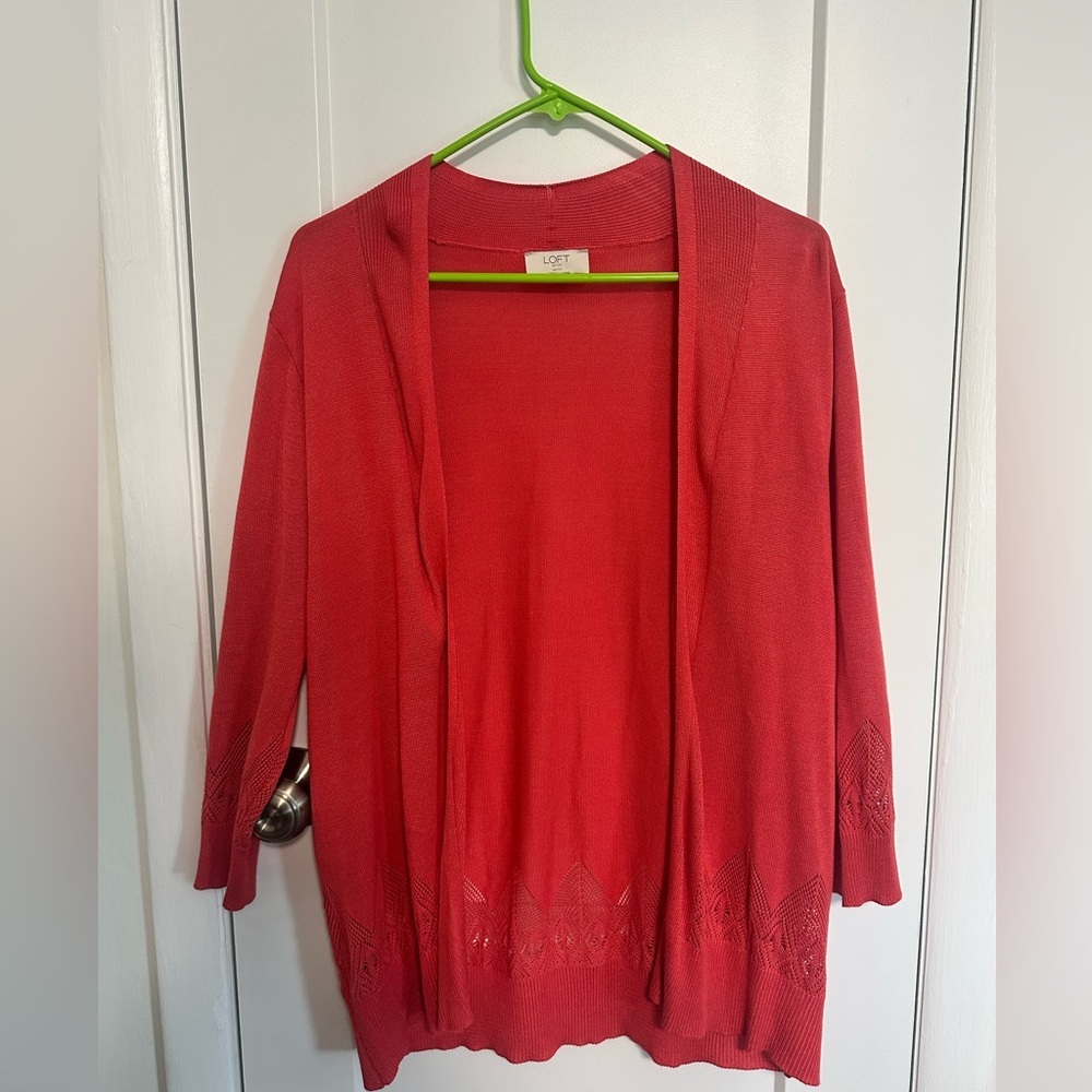 LOFT Women's Orange Open Front Sweater - Light and Airy. 3/4 Sleeves Large